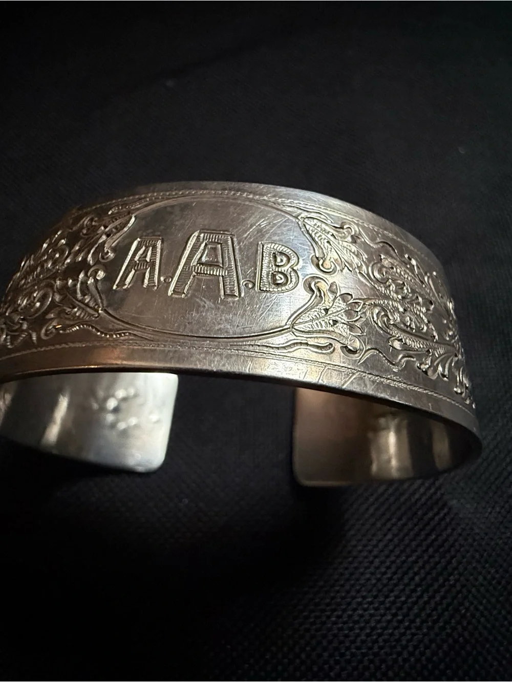 Sterling Silver Floral Engraved with Monogram Cuff Bracelet - AAB -